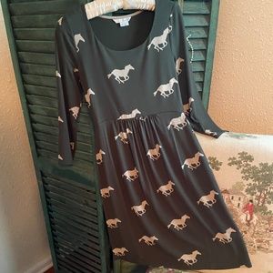 Boden NWOT Horse Print Dress, Hunter Green, size US4L